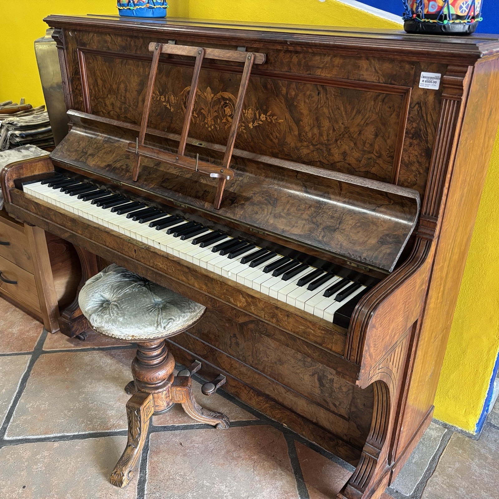 Antique Burr Walnut Upright Piano with Stool - Image 2
