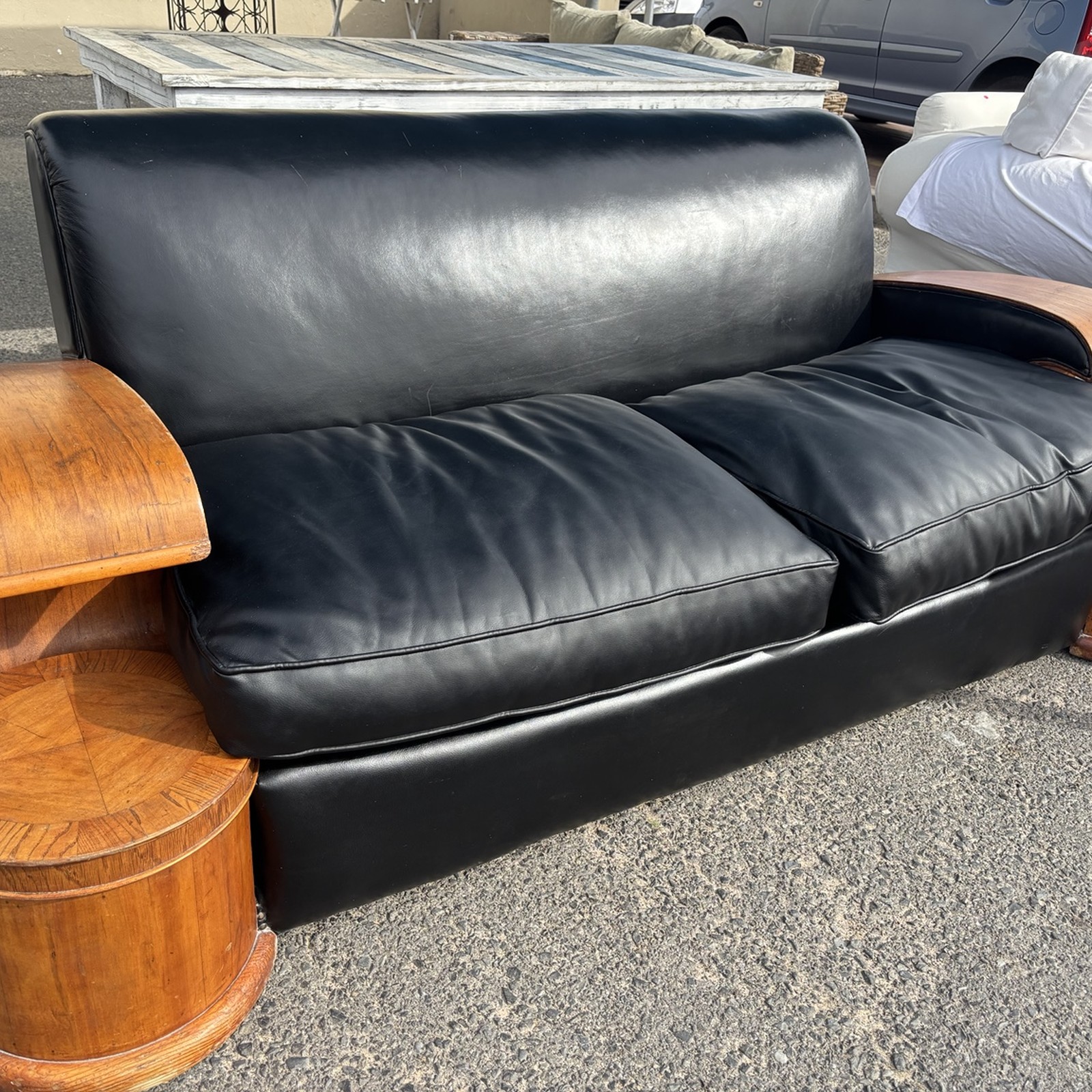 1930s Art Deco Black Leather & Walnut Sofa - Image 6