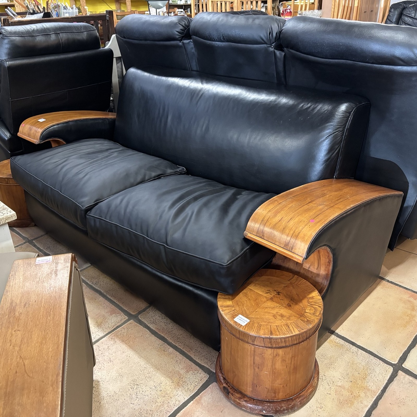 1930s Art Deco Black Leather & Walnut Sofa - Image 5