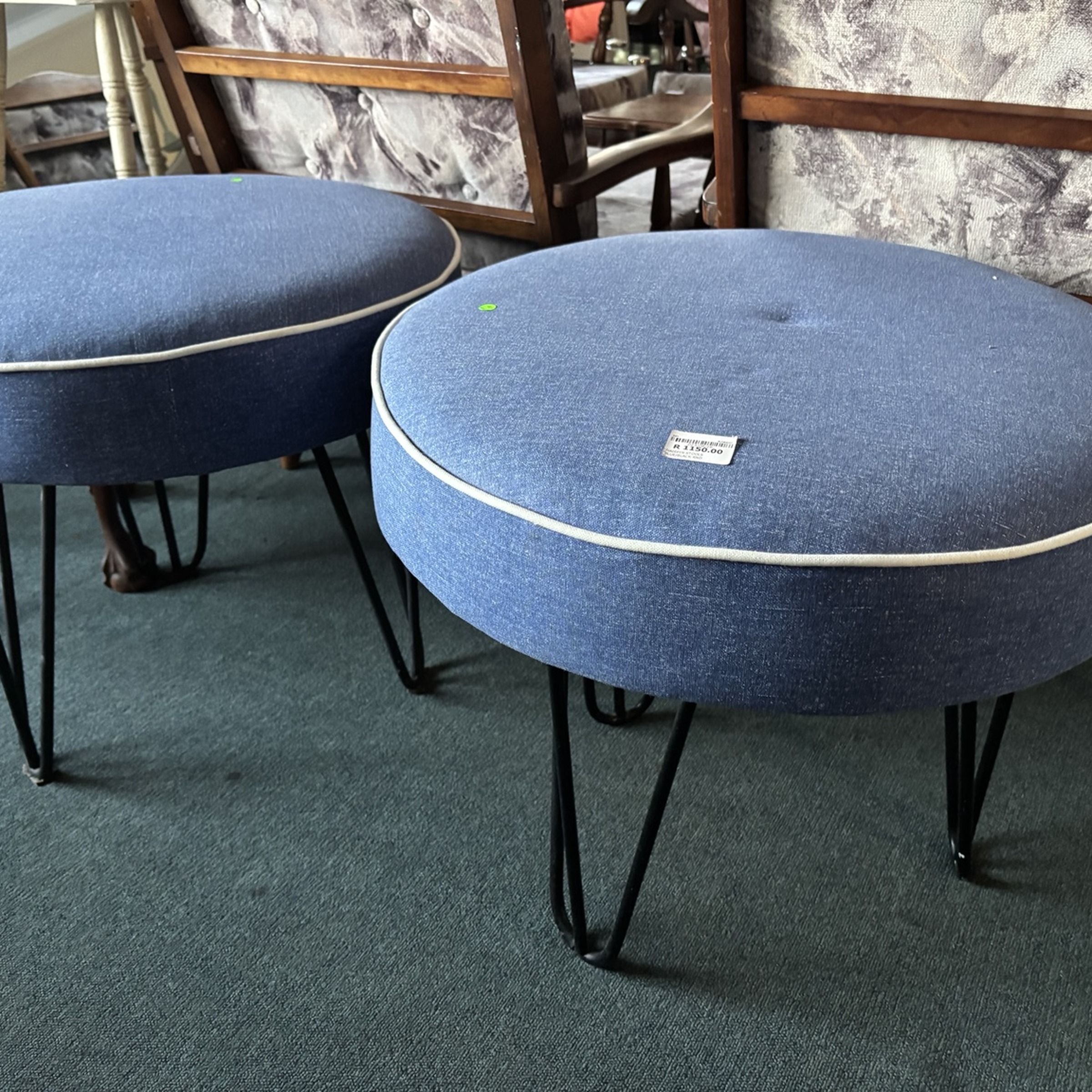 Pair of Blue Upholstered Hairpin Leg Stools (each) - Image 4