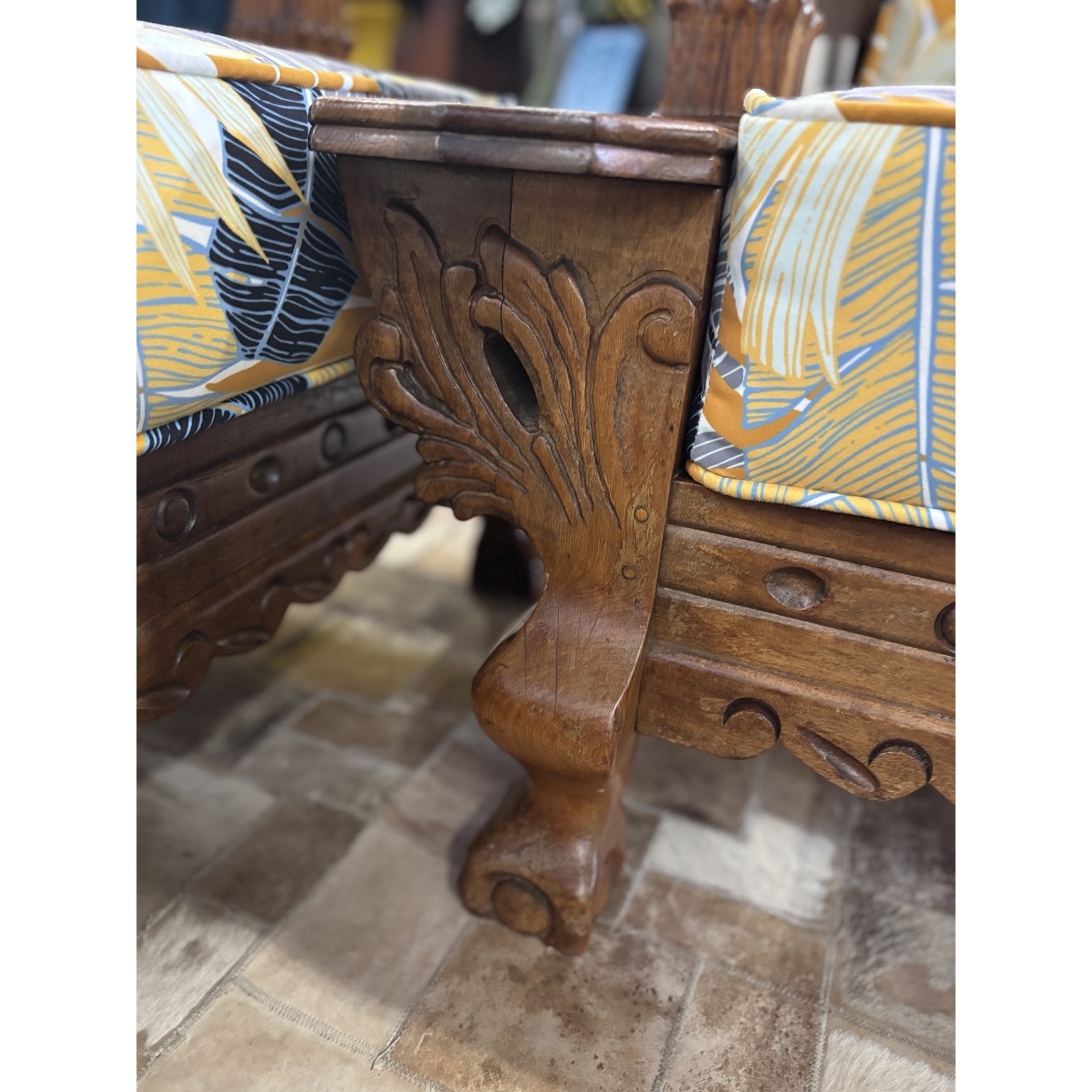 Ornately Carved Wooden Lounge Suite with Tropical Cushions - Image 7