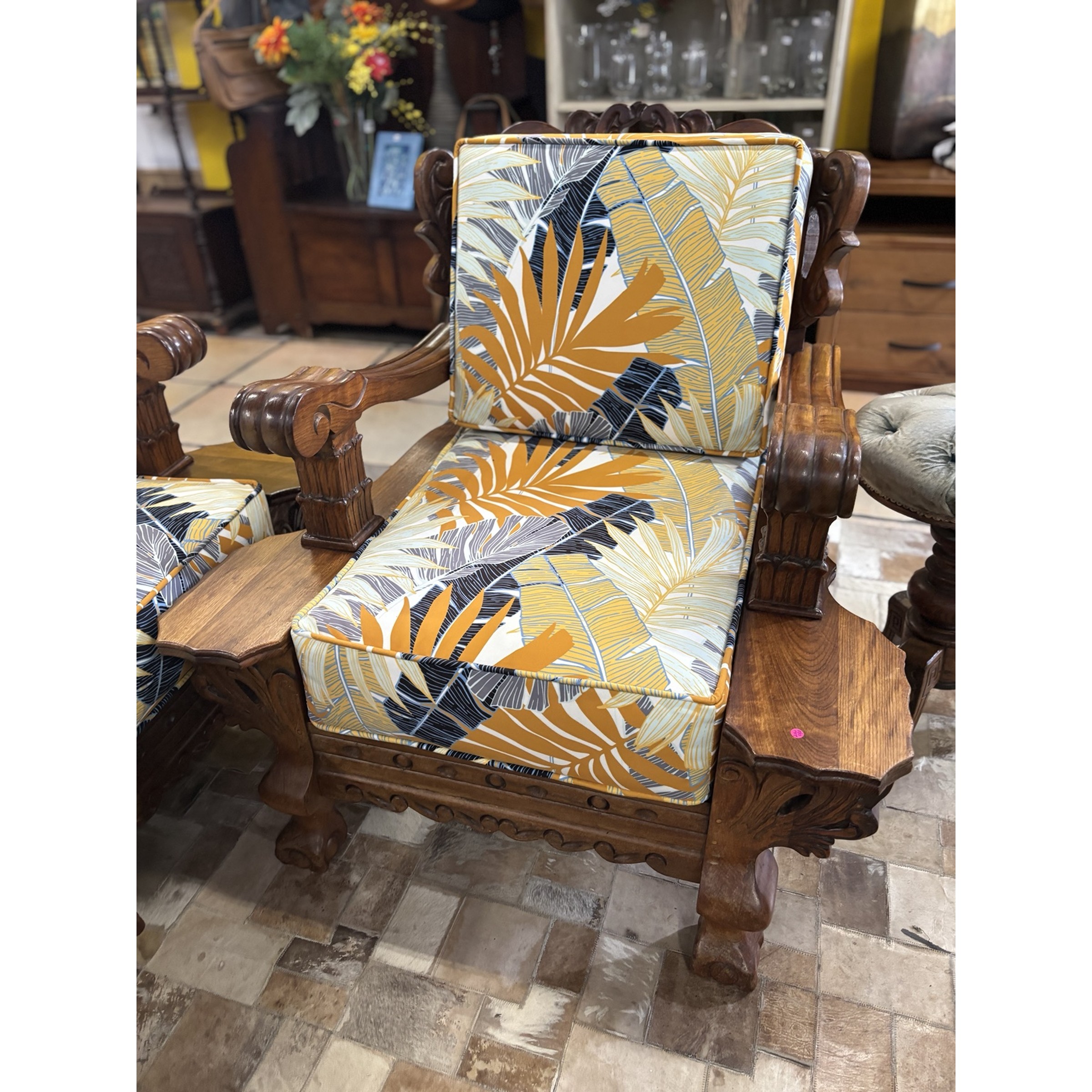 Ornately Carved Wooden Lounge Suite with Tropical Cushions - Image 6