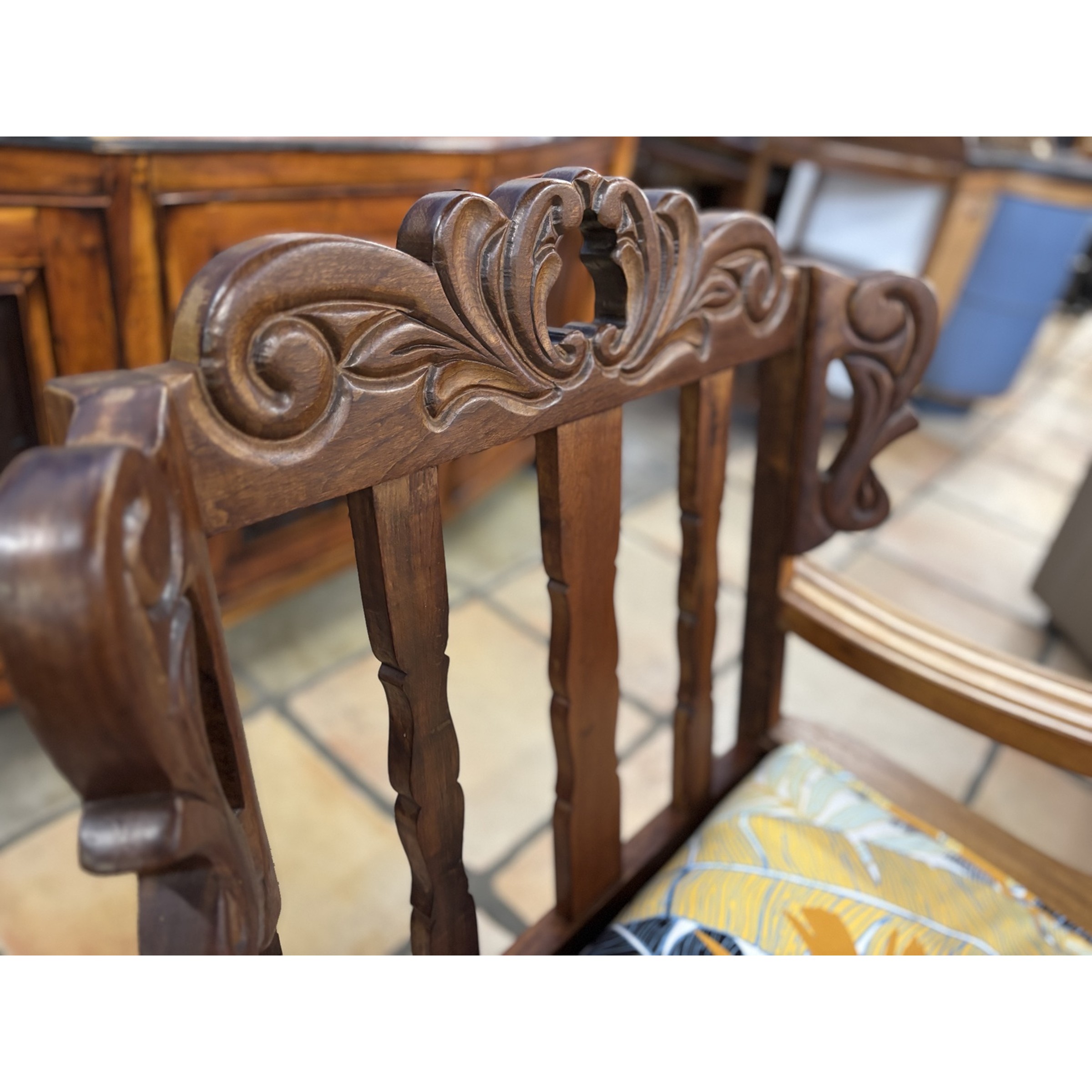 Ornately Carved Wooden Lounge Suite with Tropical Cushions - Image 5