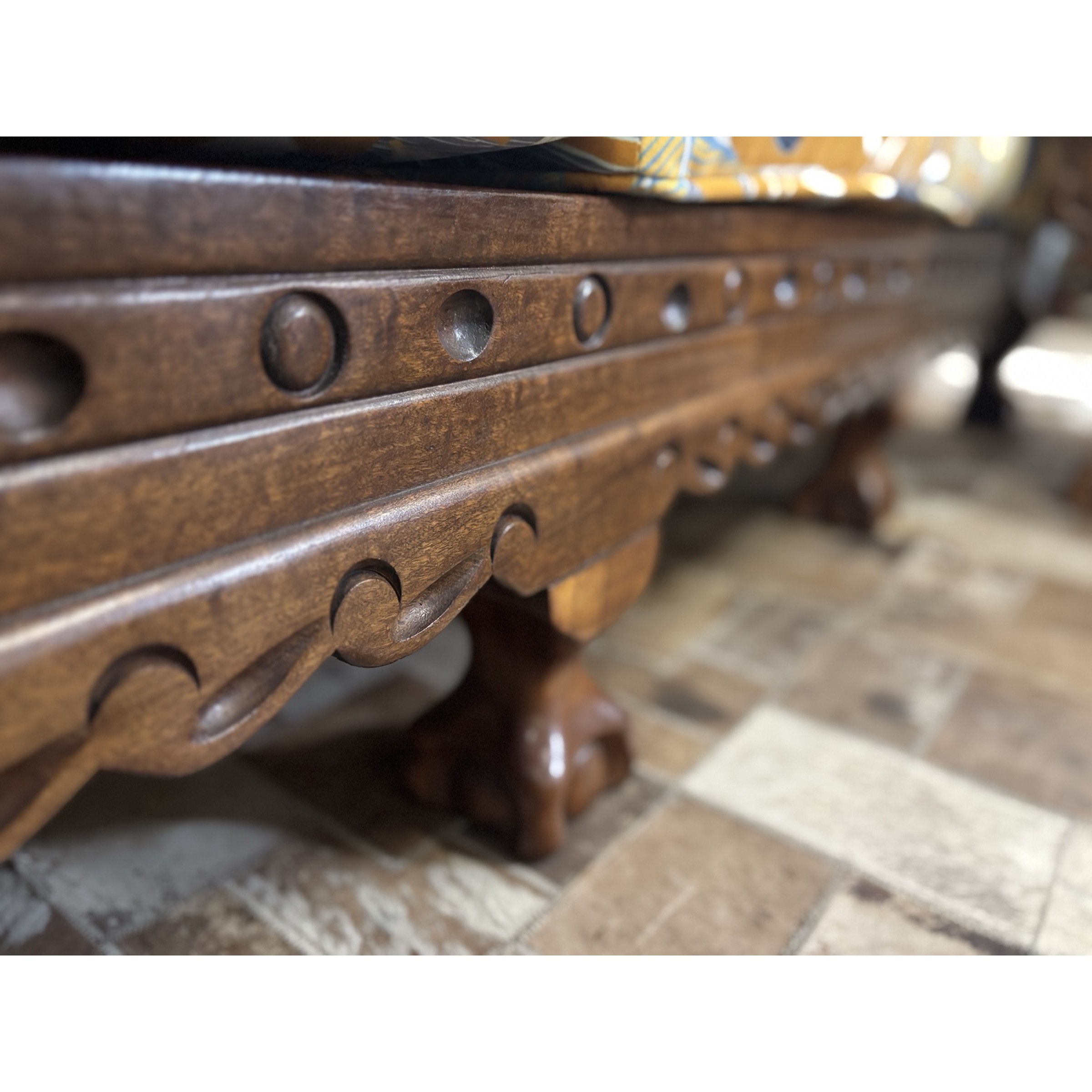 Ornately Carved Wooden Lounge Suite with Tropical Cushions - Image 4