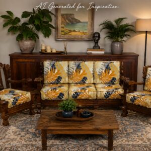Ornately Carved Wooden Lounge Suite with Tropical Cushions
