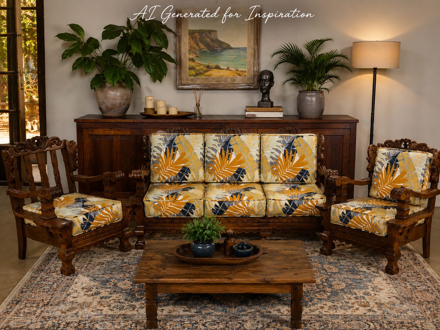 Ornately Carved Wooden Lounge Suite with Tropical Cushions