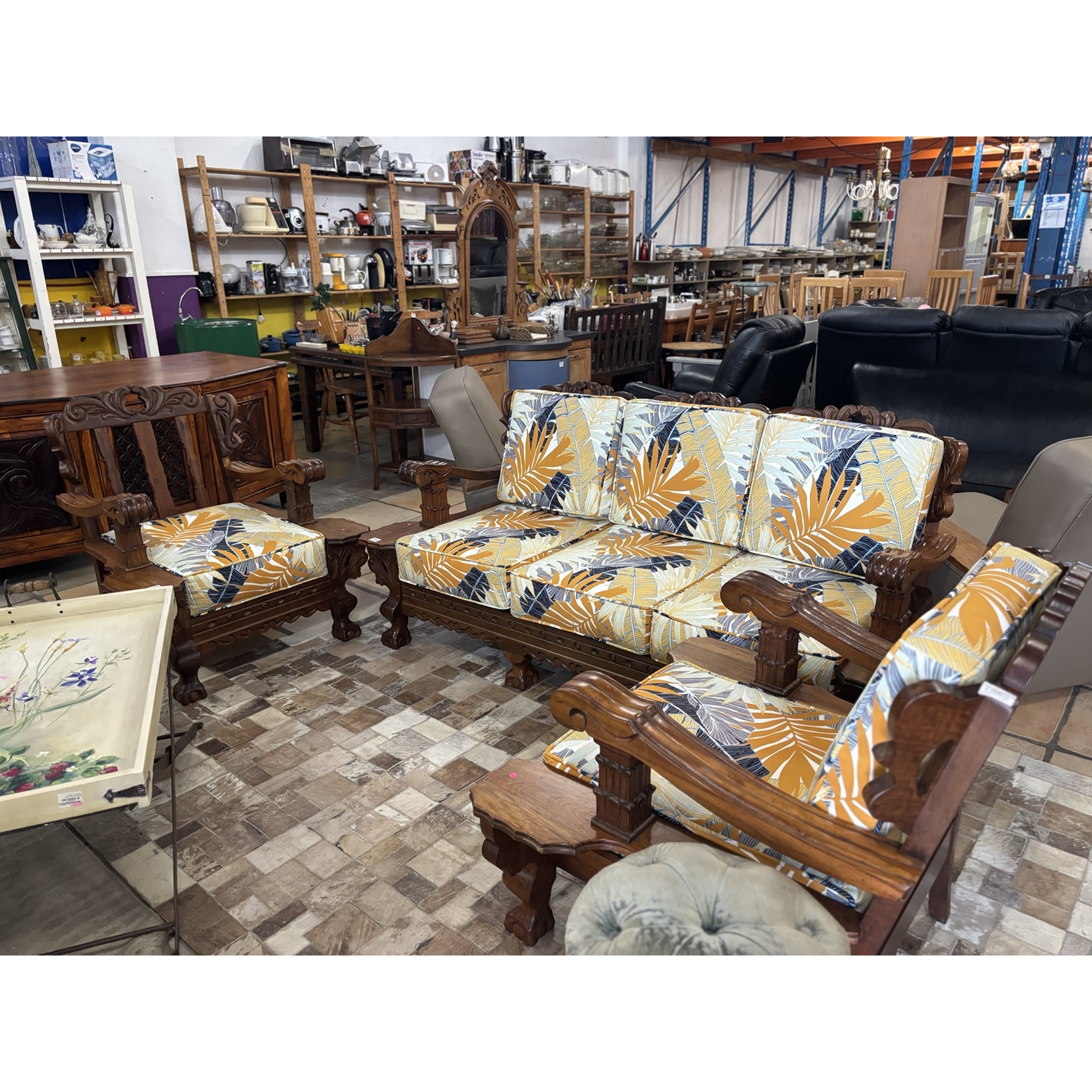 Ornately Carved Wooden Lounge Suite with Tropical Cushions - Image 3