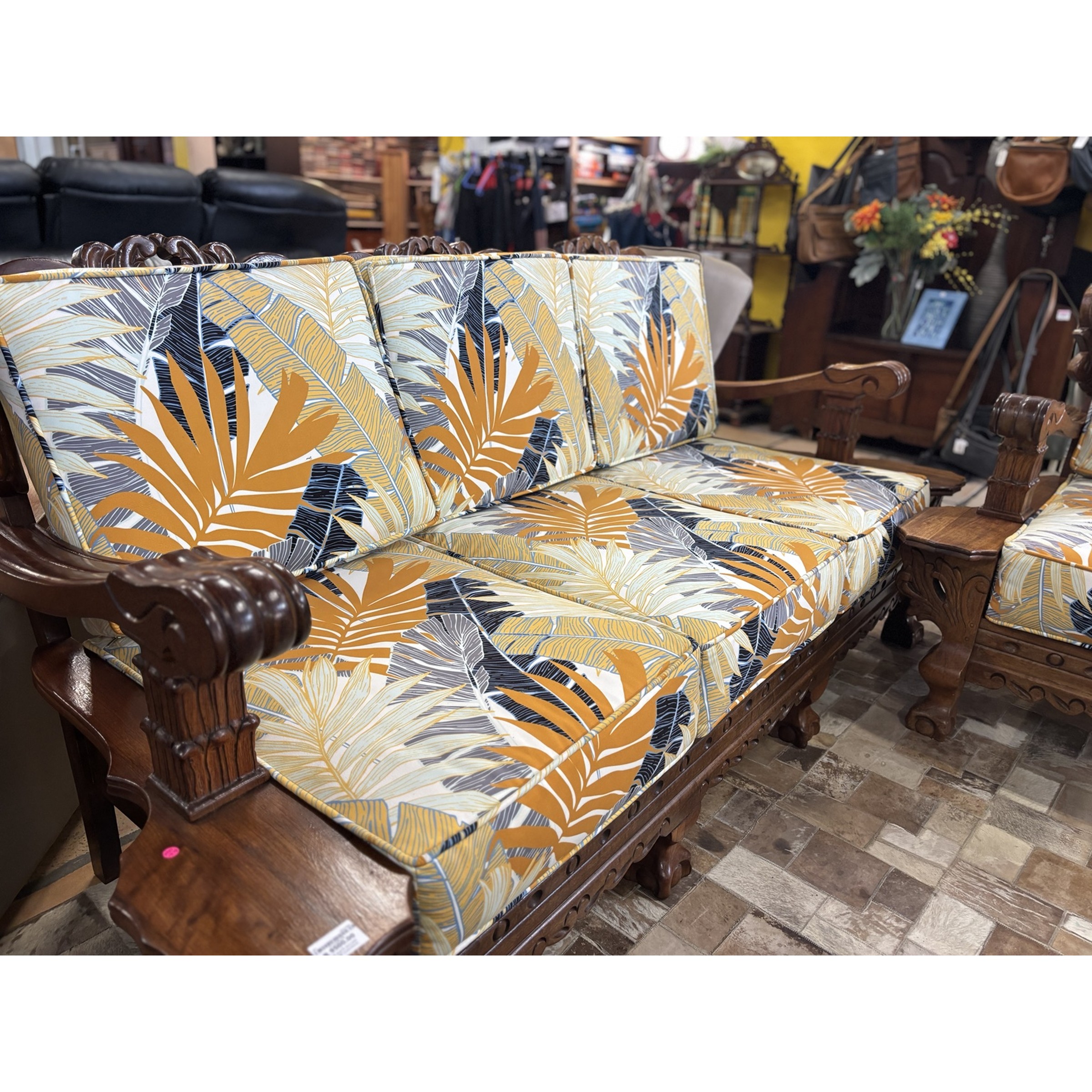 Ornately Carved Wooden Lounge Suite with Tropical Cushions - Image 2
