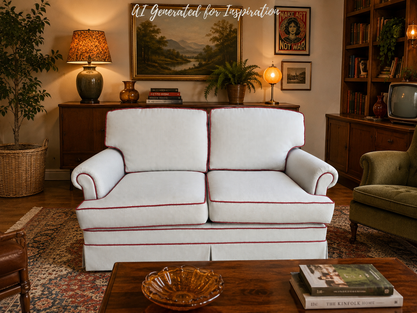 Classic Cream Two-Seater Sofa with Red Piping