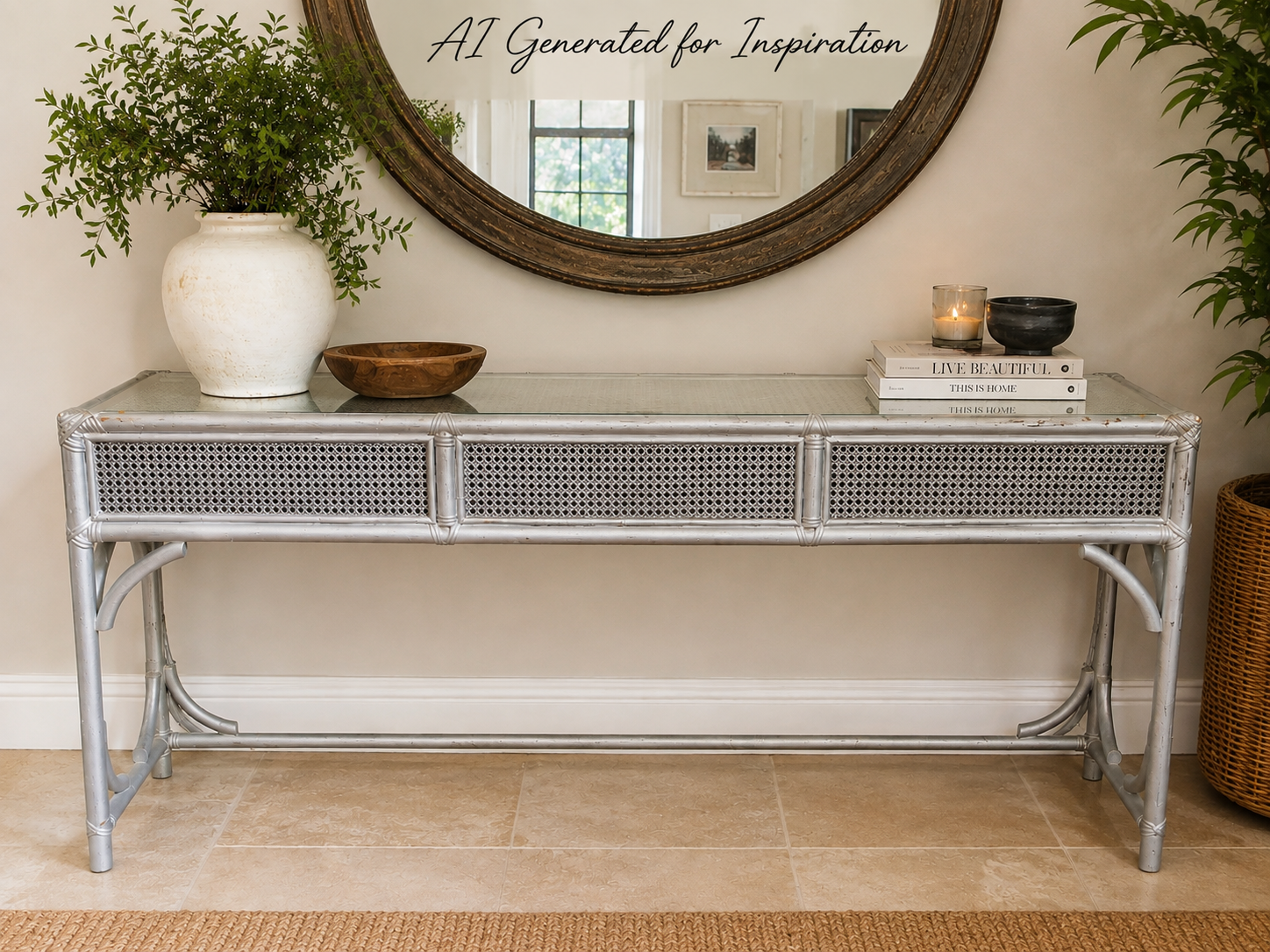 Grey Cane & Glass Console Table