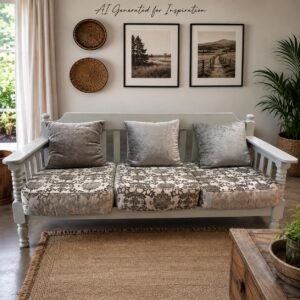 Grey Wooden Daybed with 6 Cushions