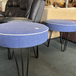 Pair of Blue Upholstered Hairpin Leg Stools (each)