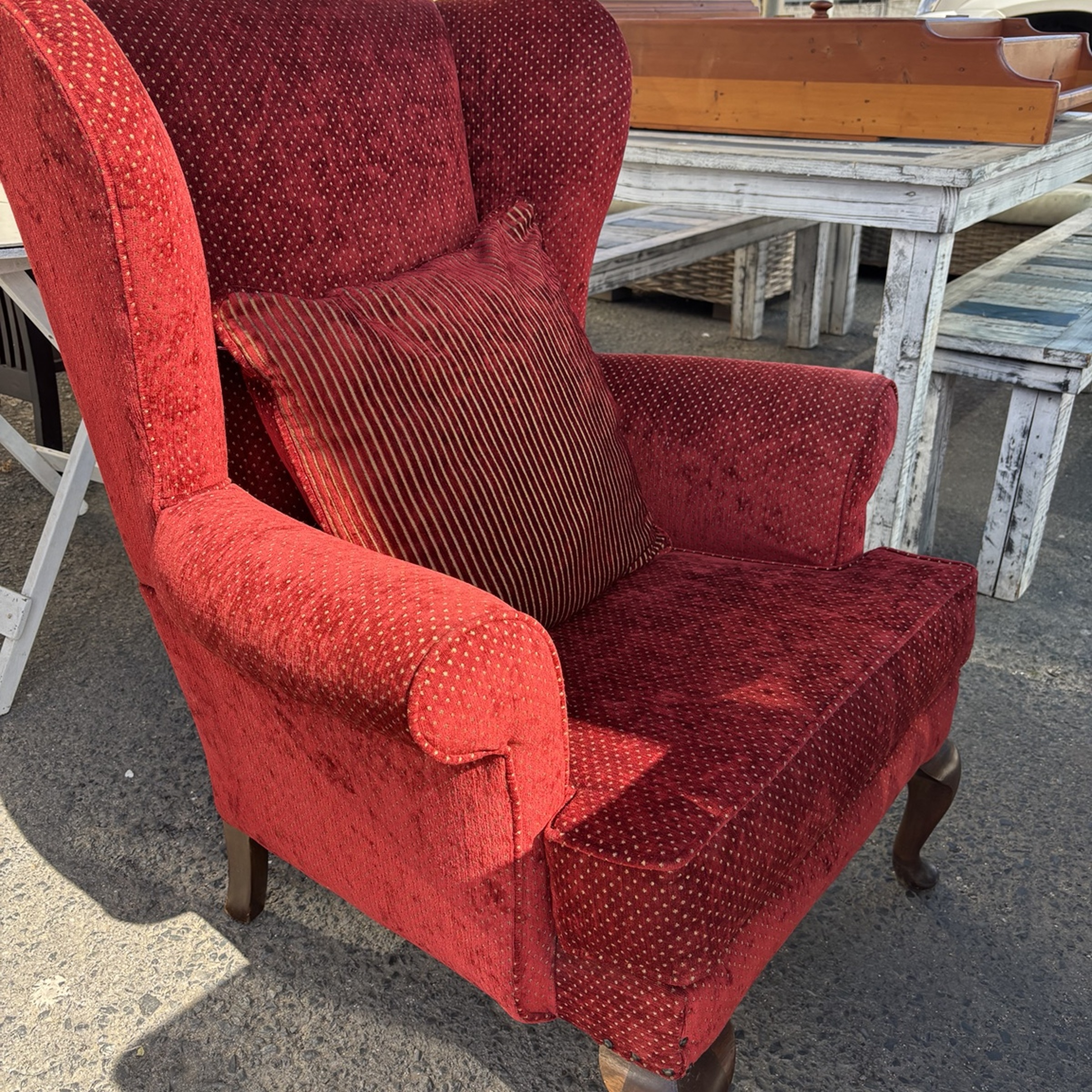 Classic Red Wingback Armchair with Cabriole Legs - Image 4