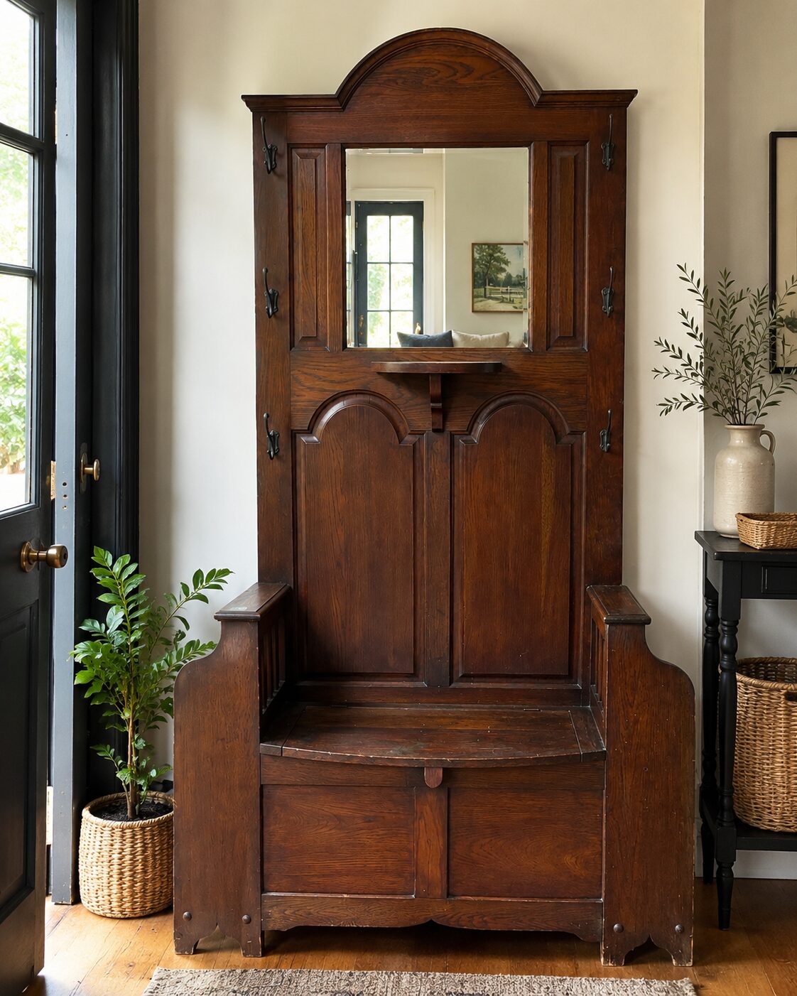 Victorian Solid Oak Hall Stand Storage Bench with Mirror