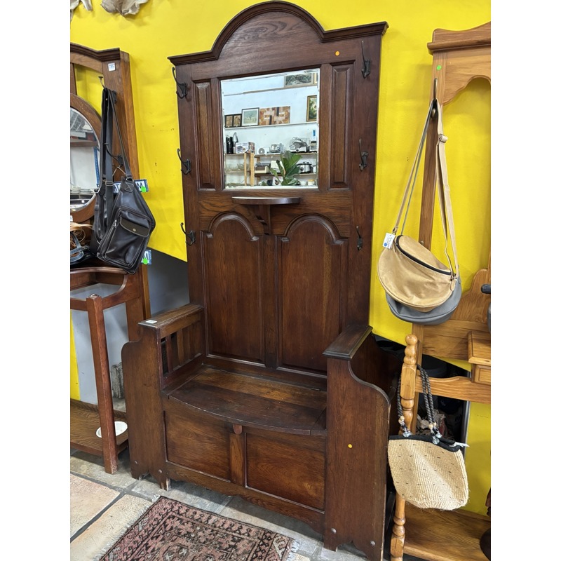 Victorian Solid Oak Hall Stand Storage Bench with Mirror - Image 5