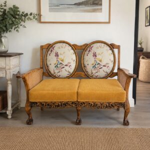 Vintage Carved Wood Double Chair with Cane & Floral Detail
