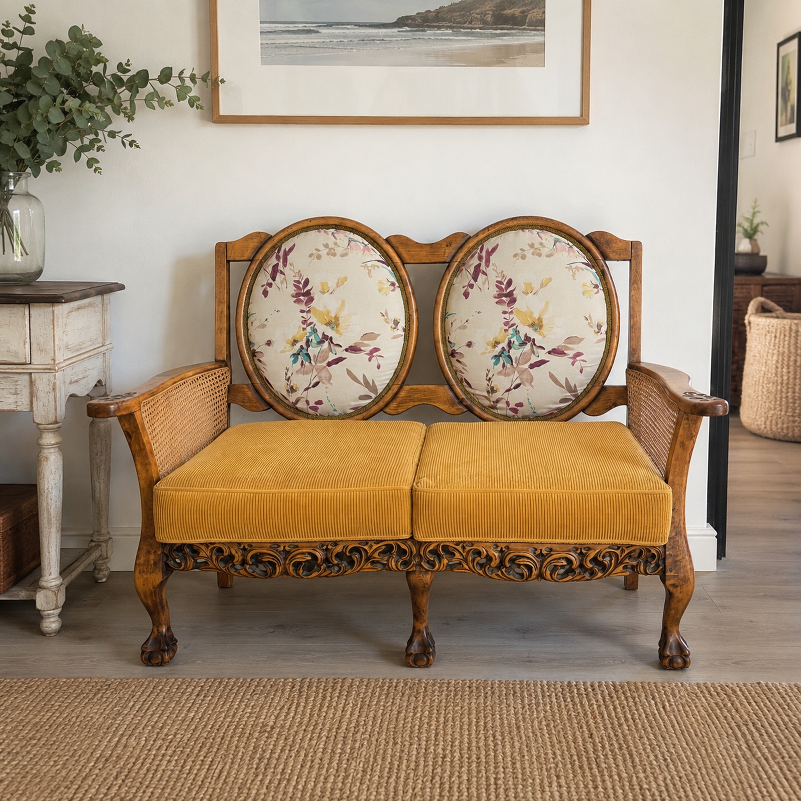 Vintage Carved Wood Double Chair with Cane & Floral Detail