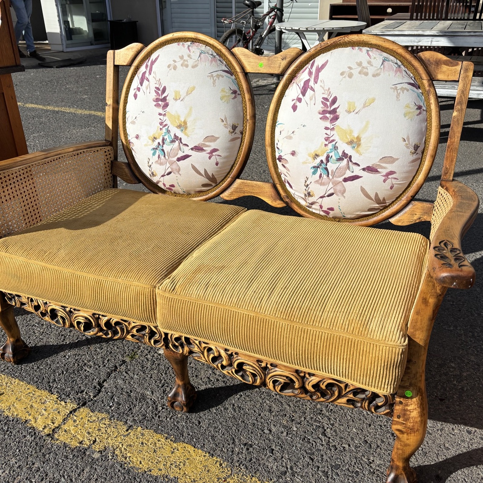 Vintage Carved Wood Double Chair with Cane & Floral Detail - Image 5