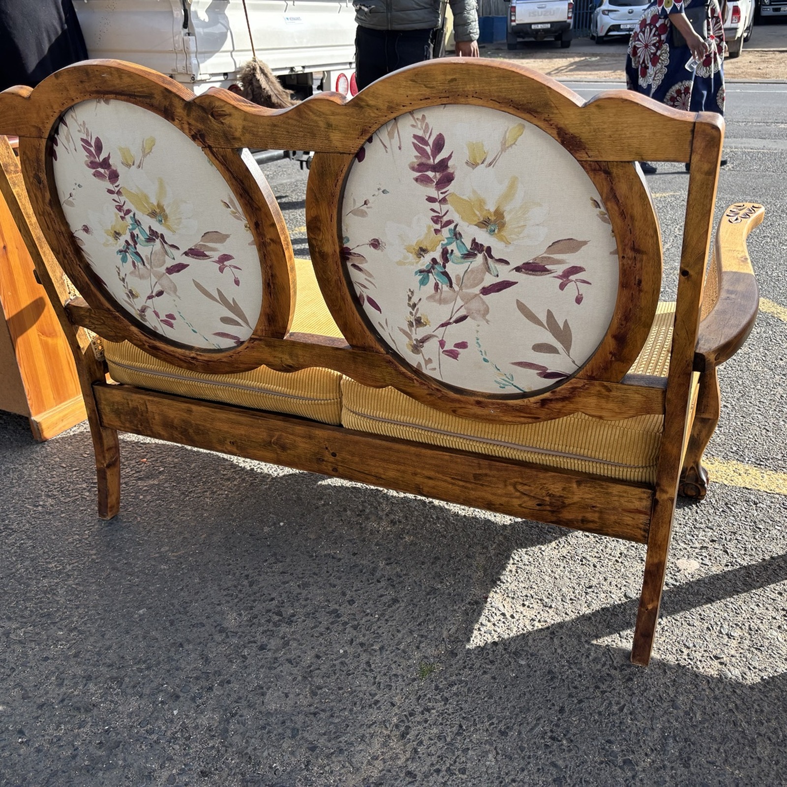 Vintage Carved Wood Double Chair with Cane & Floral Detail - Image 4