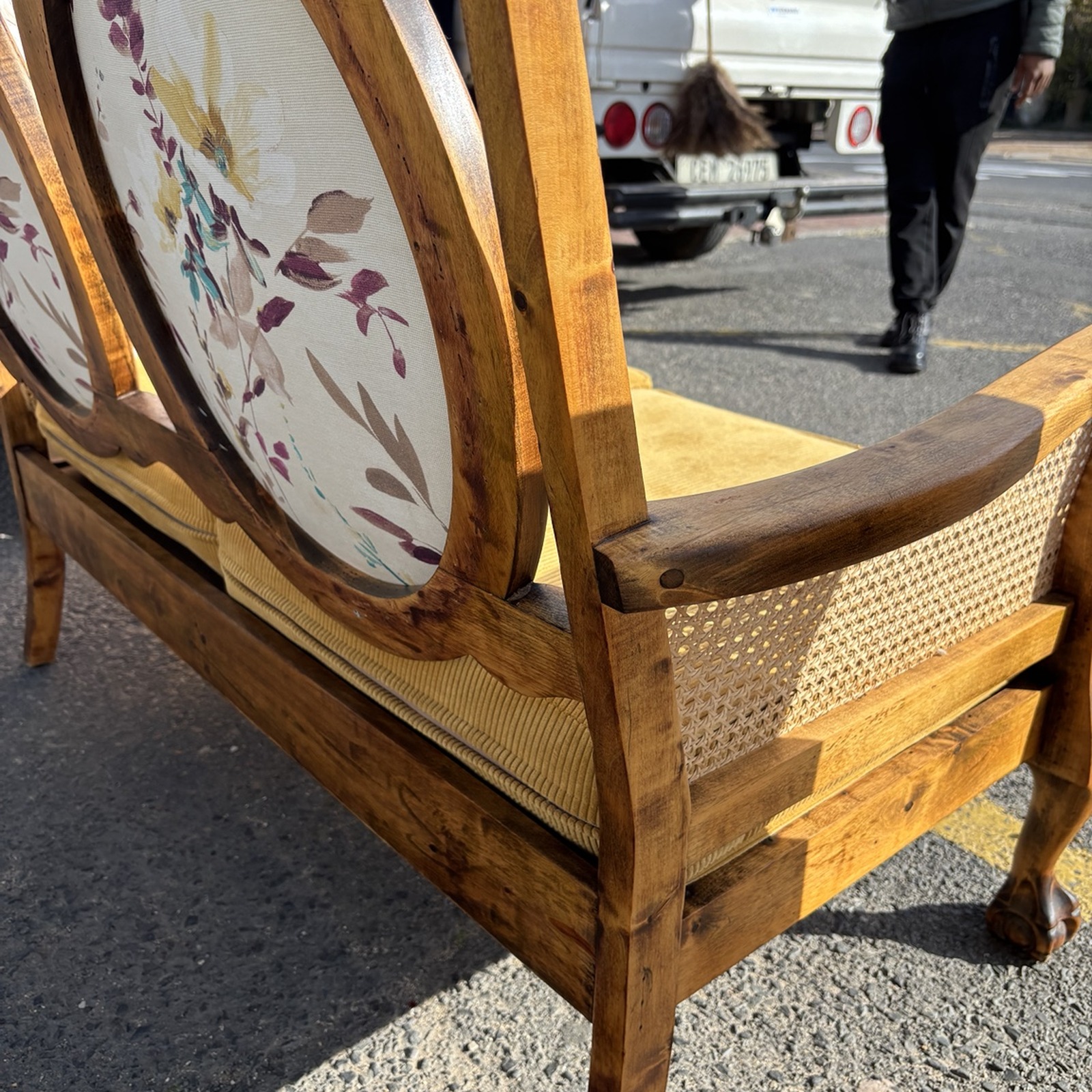 Vintage Carved Wood Double Chair with Cane & Floral Detail - Image 3