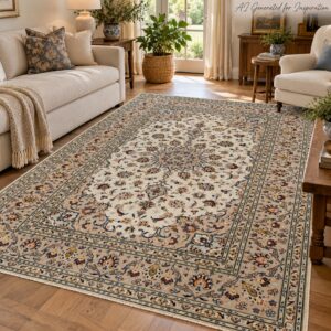 Elegant Persian Kashan-Style Ivory Floral Medallion Carpet