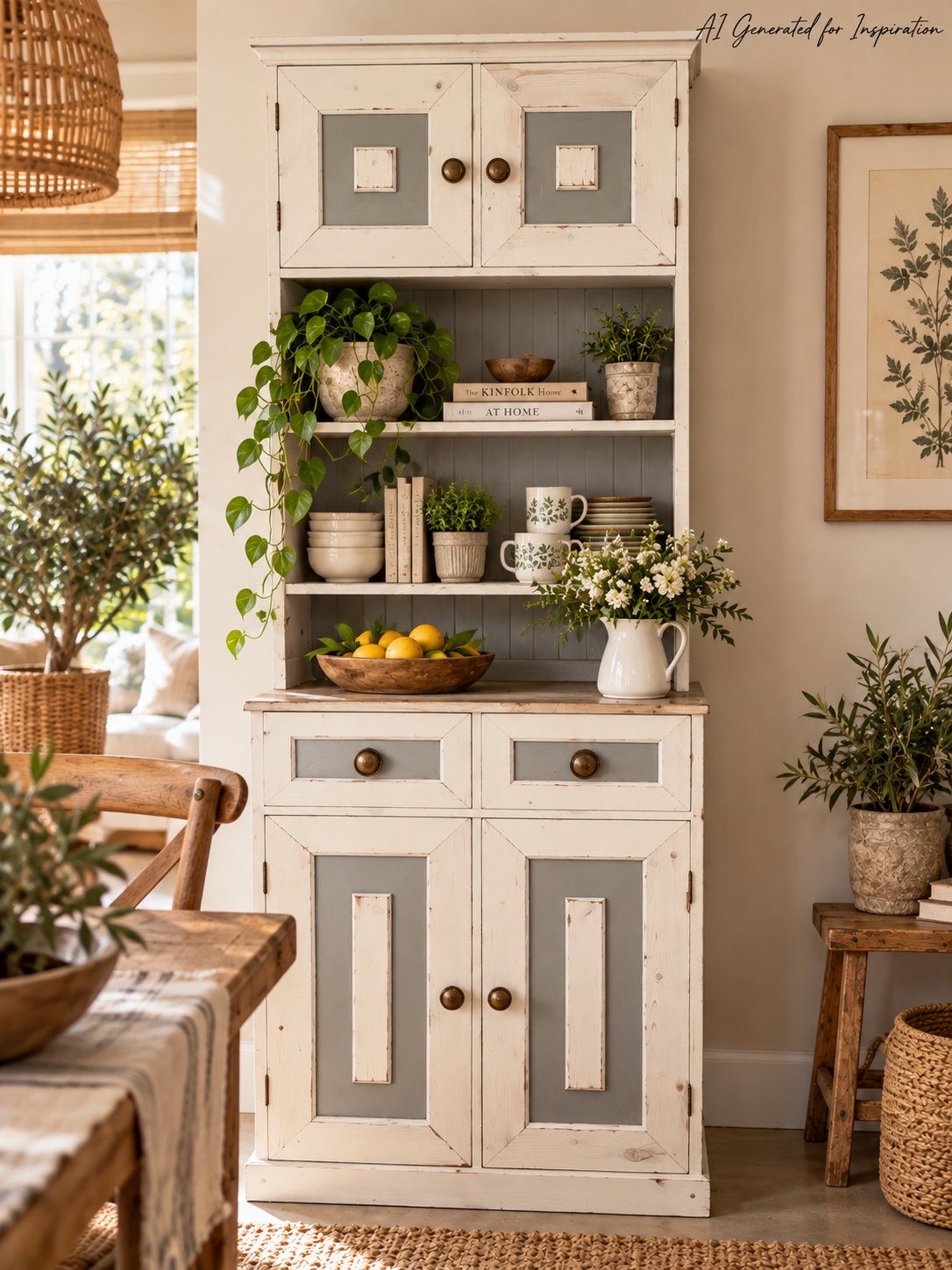 Rustic Pine Kitchen Dresser with Green Accents - Image 2