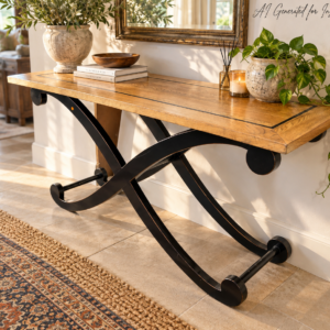 Oak Finish Console Table with Black X-Leg Base