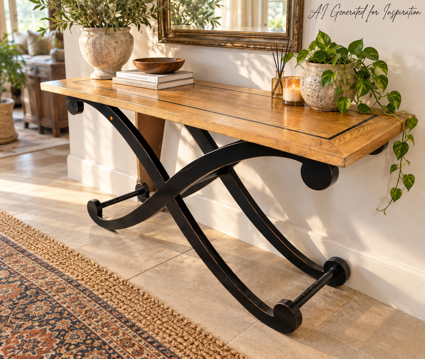 Oak Finish Console Table with Black X-Leg Base