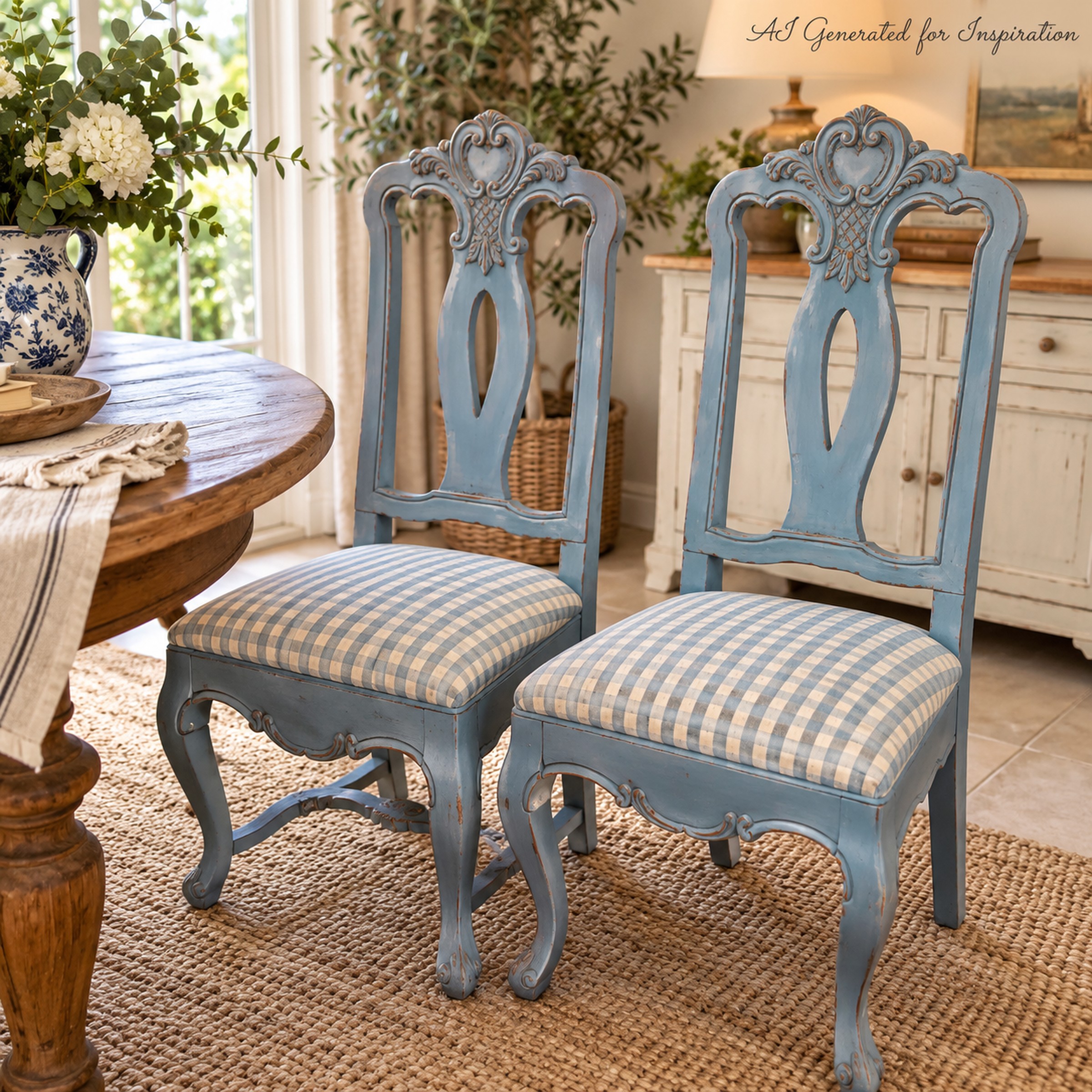 Pair of Ornate Vintage Blue Gingham Upholstered Chairs