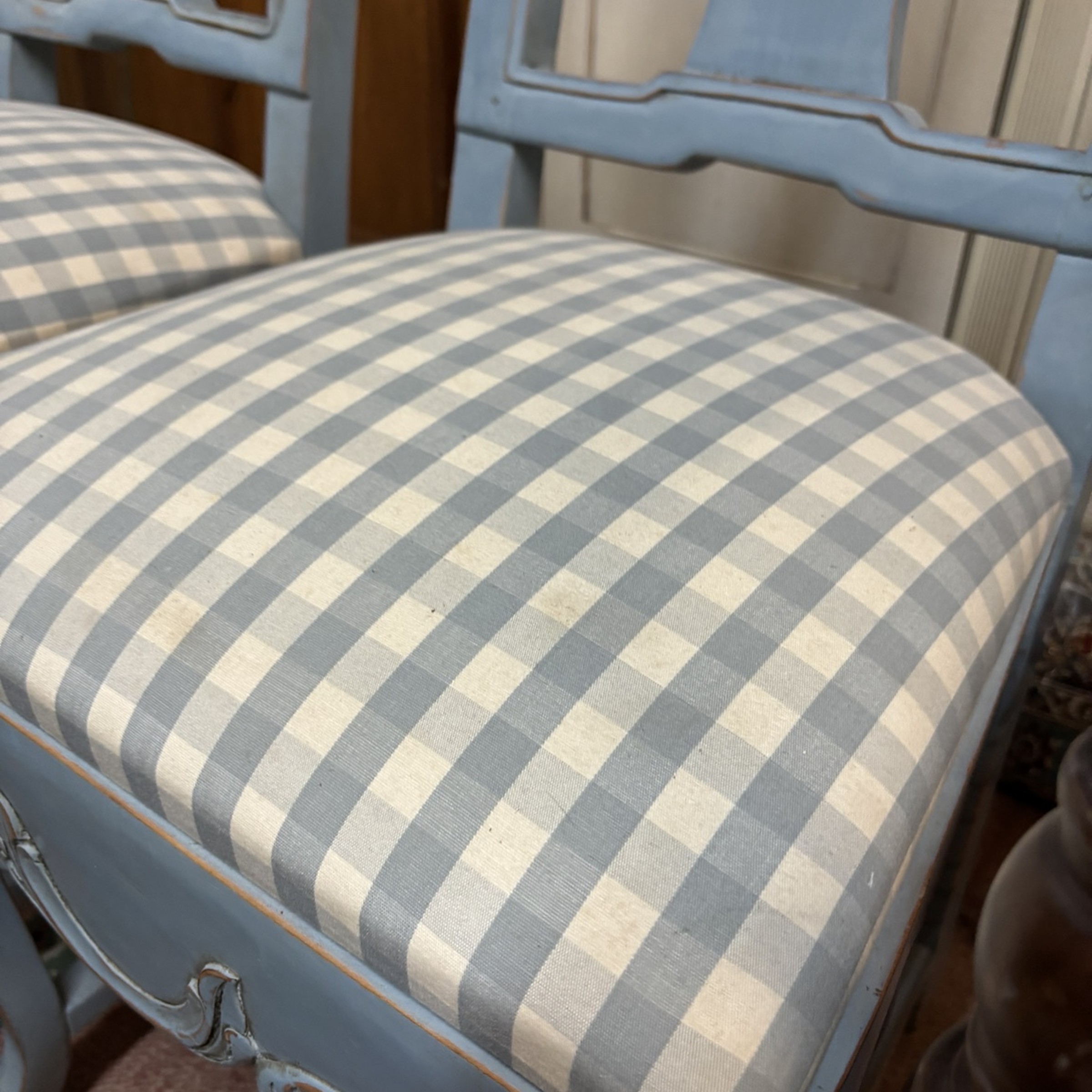Pair of Ornate Vintage Blue Gingham Upholstered Chairs - Image 6