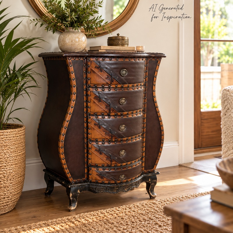 Vintage-Style Faux Leather Bombe Chest of 5 Drawers