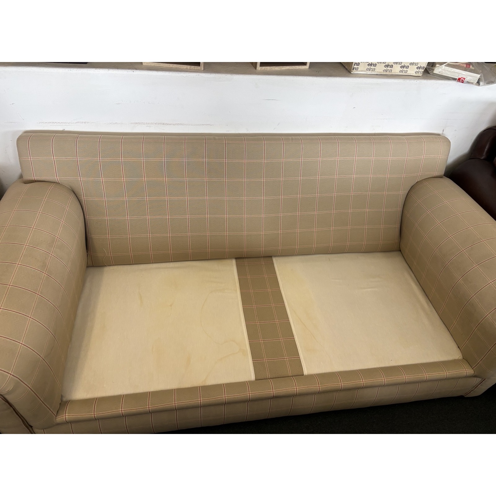 Classic Cream & Red Pinstripe Two-Seater Couch - Image 4