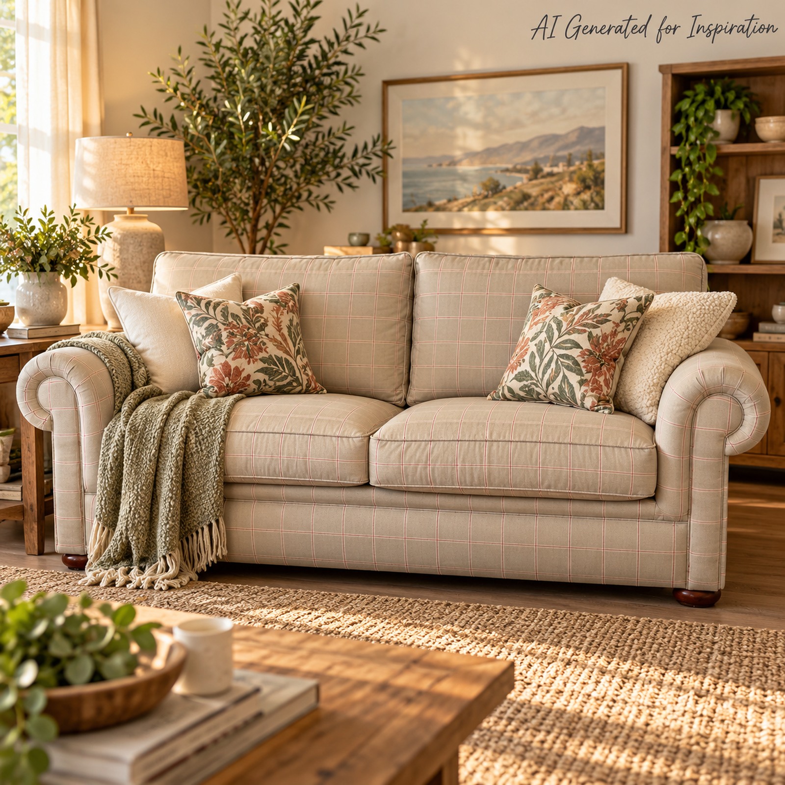 Classic Cream & Red Pinstripe Two-Seater Couch