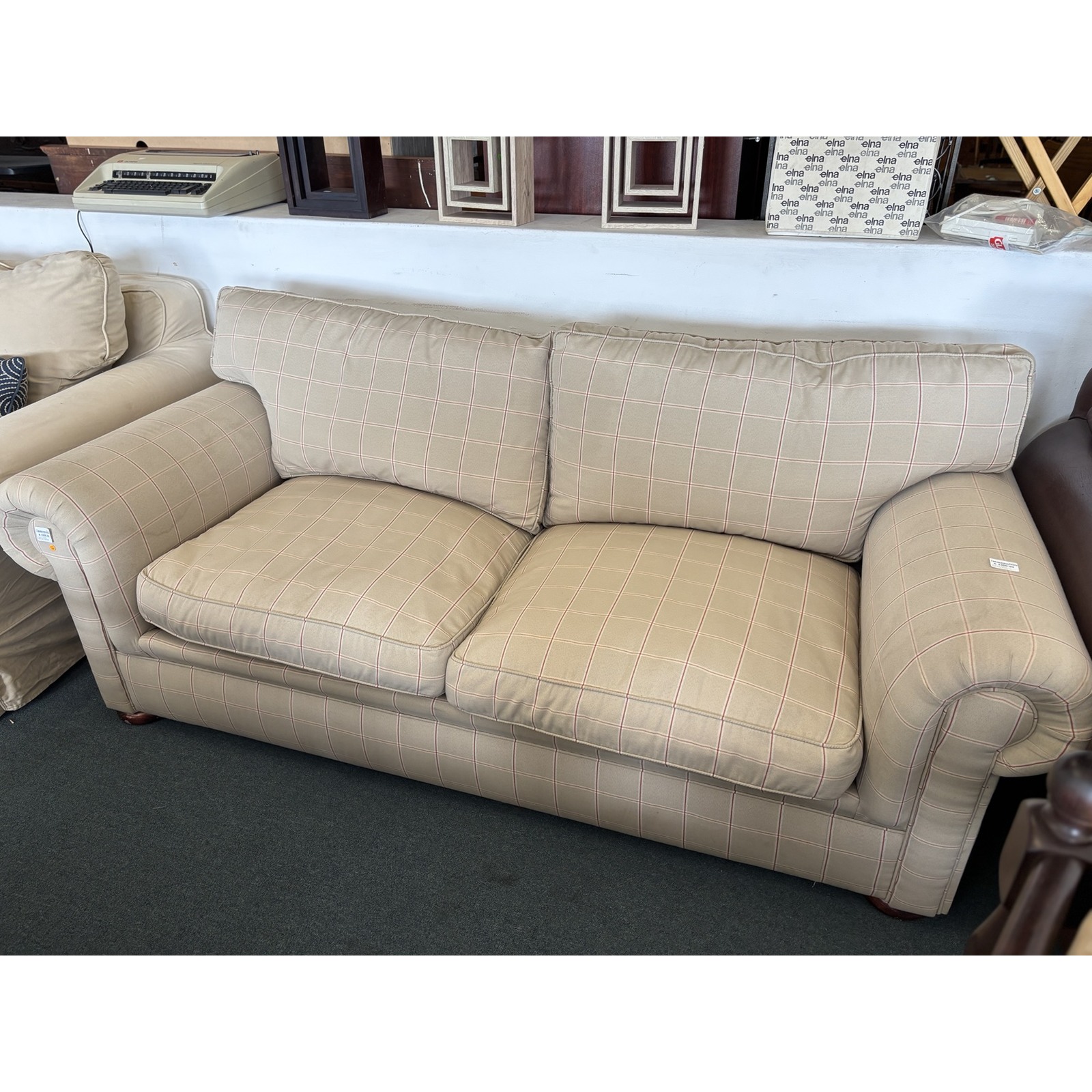 Classic Cream & Red Pinstripe Two-Seater Couch - Image 2