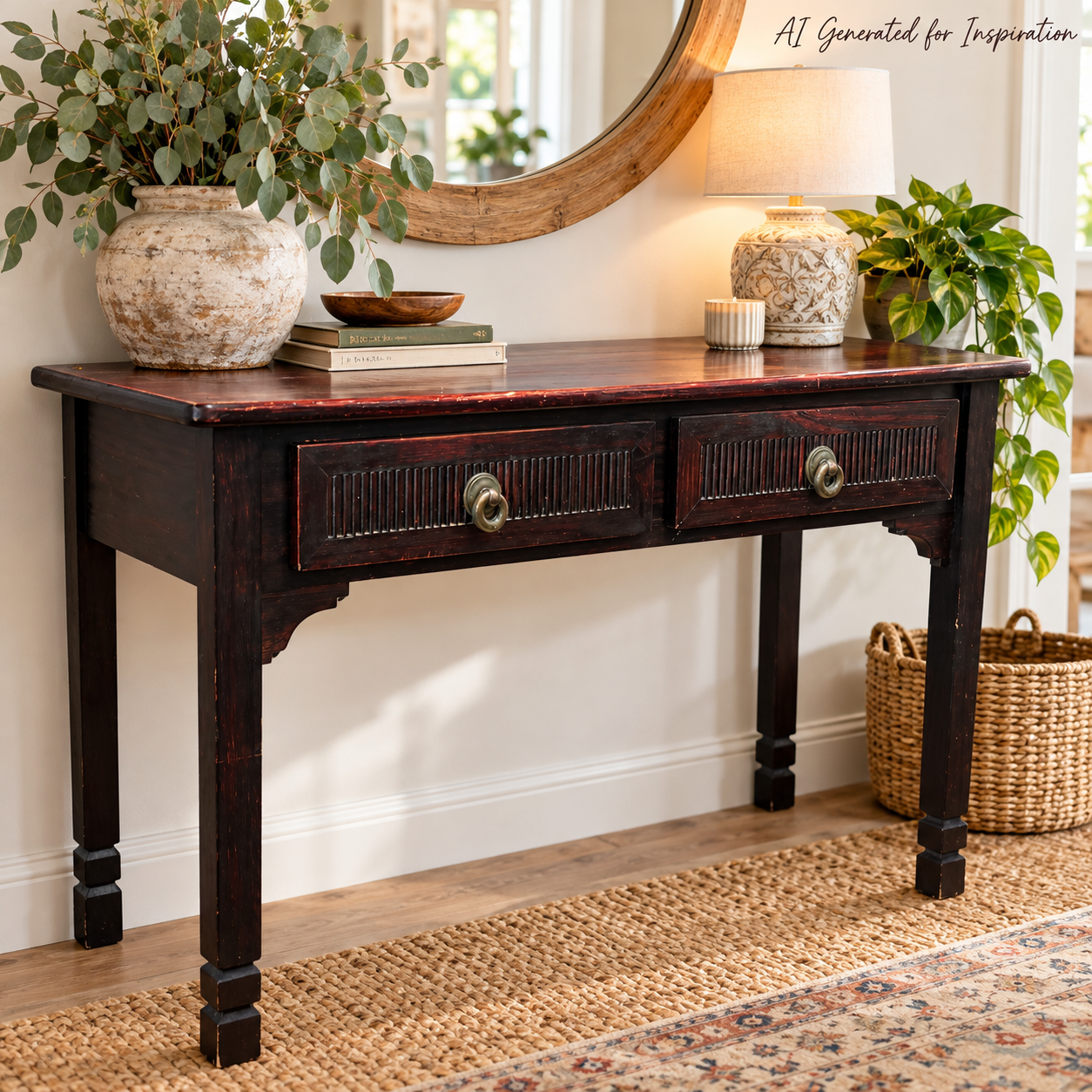 Dark Wood Two-Drawer Console Table / Vanity
