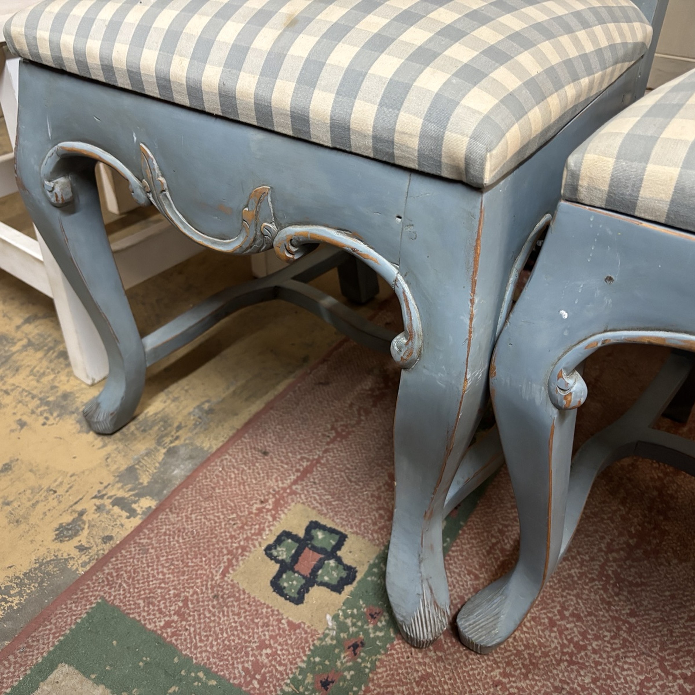 Pair of Ornate Vintage Blue Gingham Upholstered Chairs - Image 5