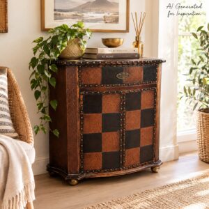 Vintage-Style Faux Leather Checkerboard Cabinet