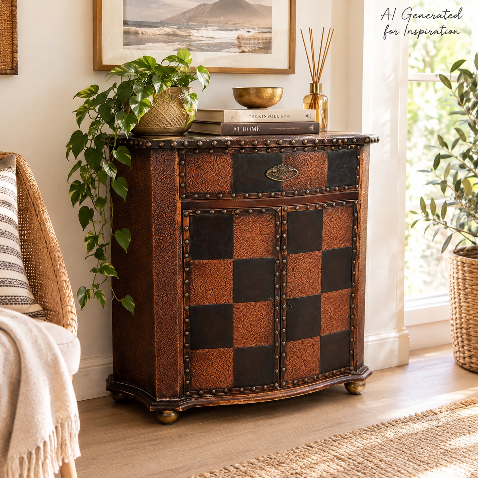 Vintage-Style Faux Leather Checkerboard Cabinet