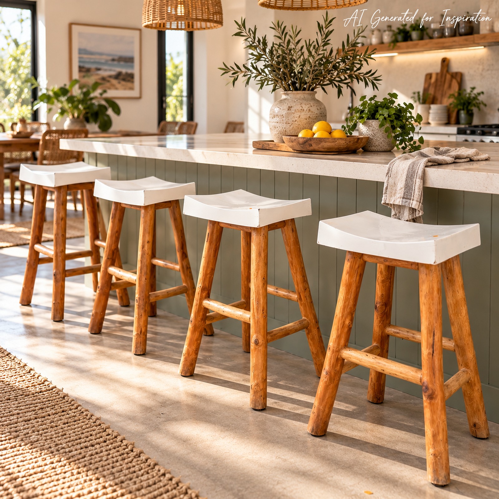 Set of 4 Rustic Timber Bar Stools with White Seats