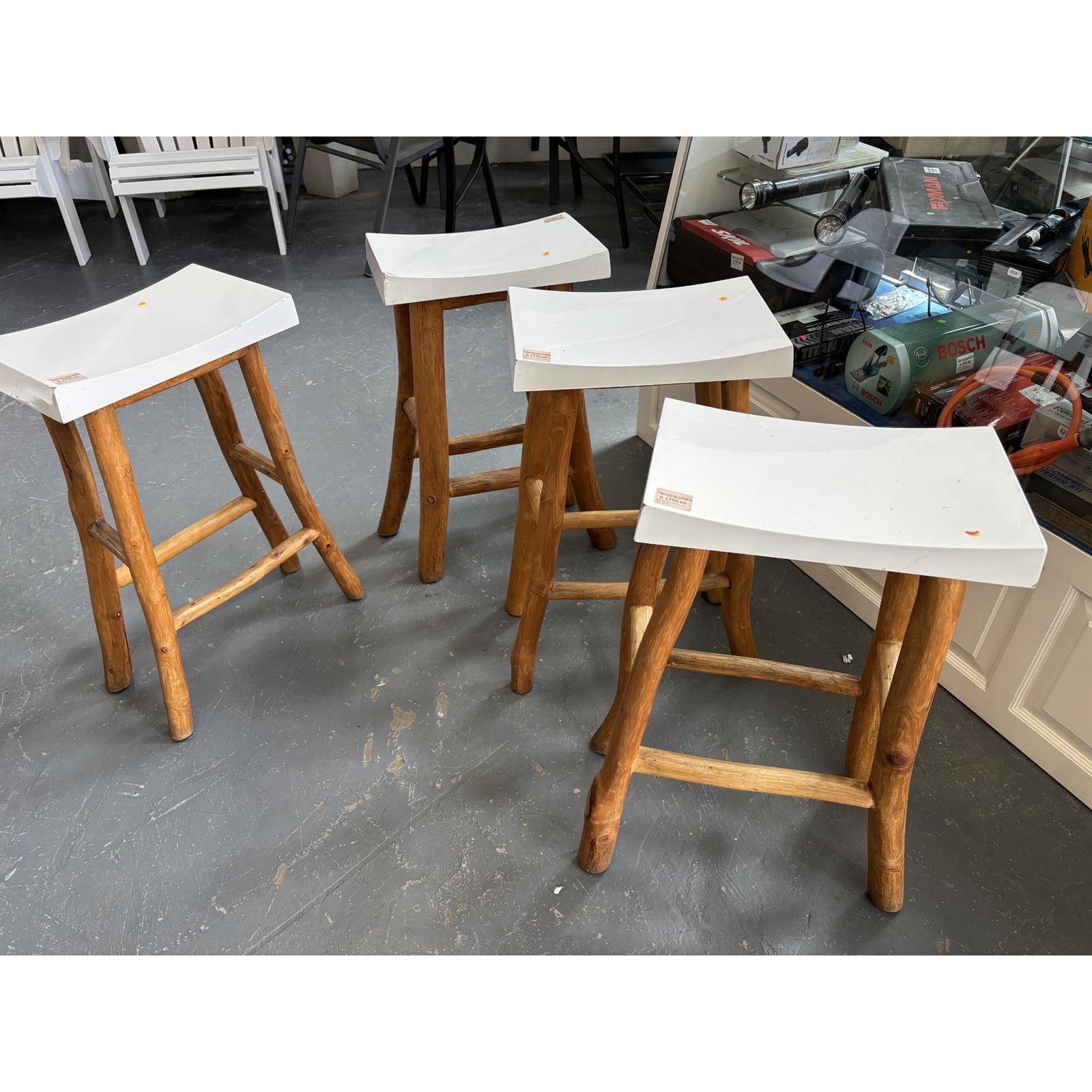 Set of 4 Rustic Timber Bar Stools with White Seats - Image 4