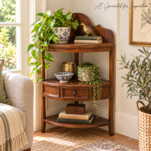 Mahogany Corner Display Stand with Drawer & Shelves