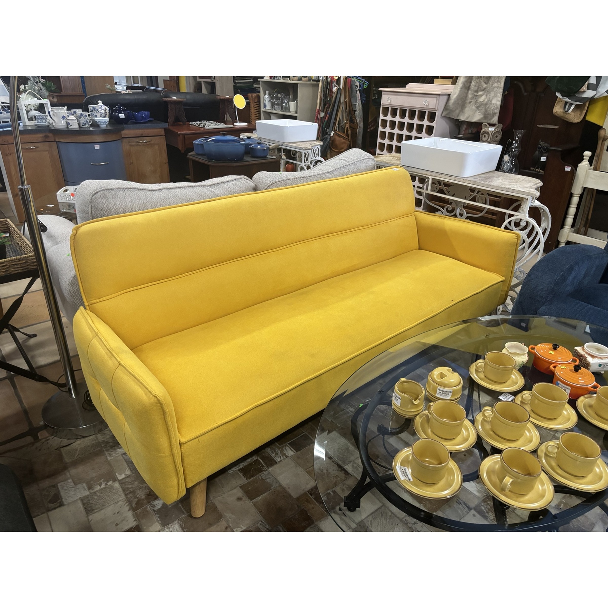 Mustard Yellow Upholstered 3-Seater Sleeper Couch - Image 2
