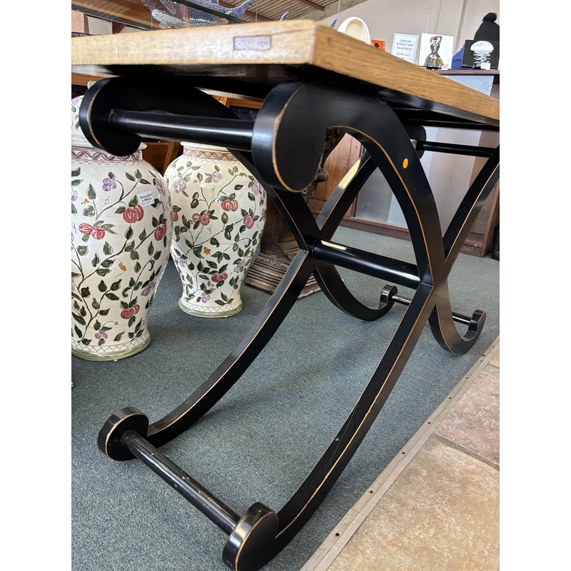 Oak Finish Console Table with Black X-Leg Base - Image 4