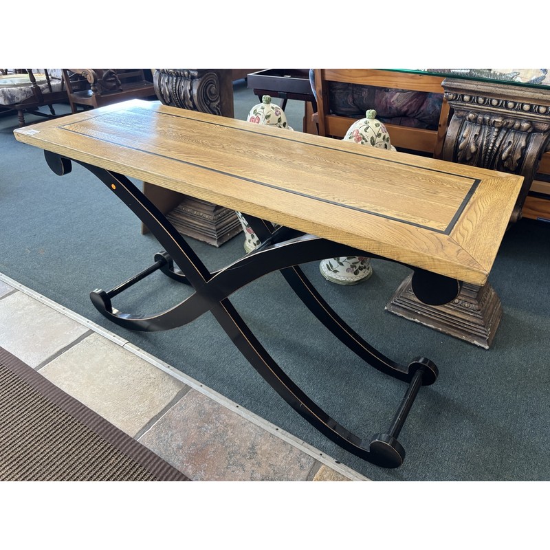 Oak Finish Console Table with Black X-Leg Base - Image 3