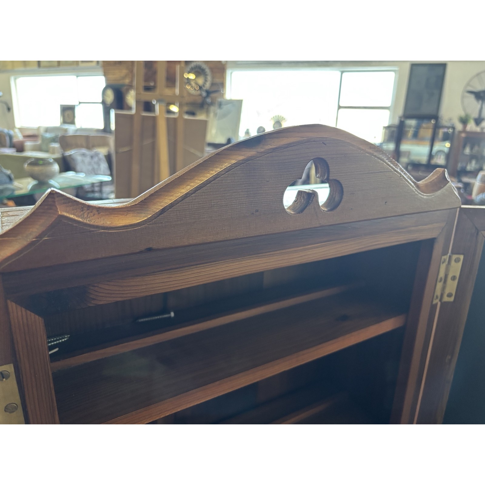 Vintage Oregon Pine Wall Cabinet with Glass Doors & Drawers - Image 5