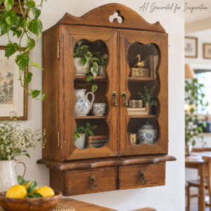 Vintage Oregon Pine Wall Cabinet with Glass Doors & Drawers