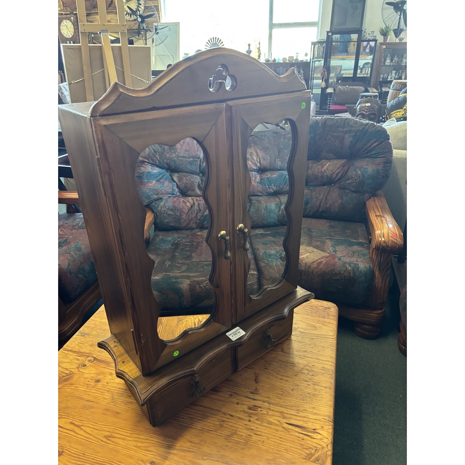 Vintage Oregon Pine Wall Cabinet with Glass Doors & Drawers - Image 4