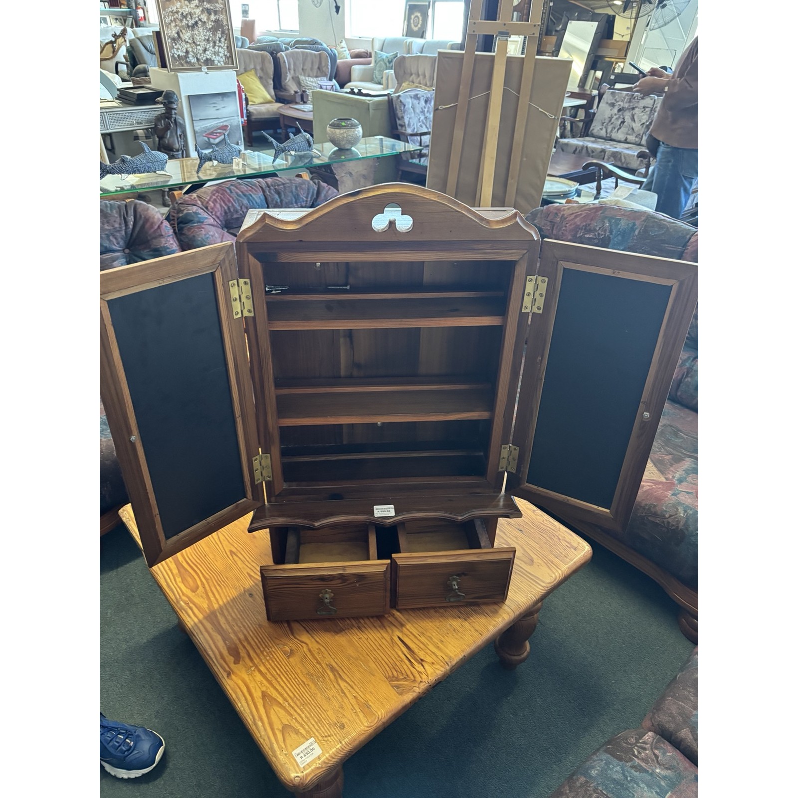 Vintage Oregon Pine Wall Cabinet with Glass Doors & Drawers - Image 3