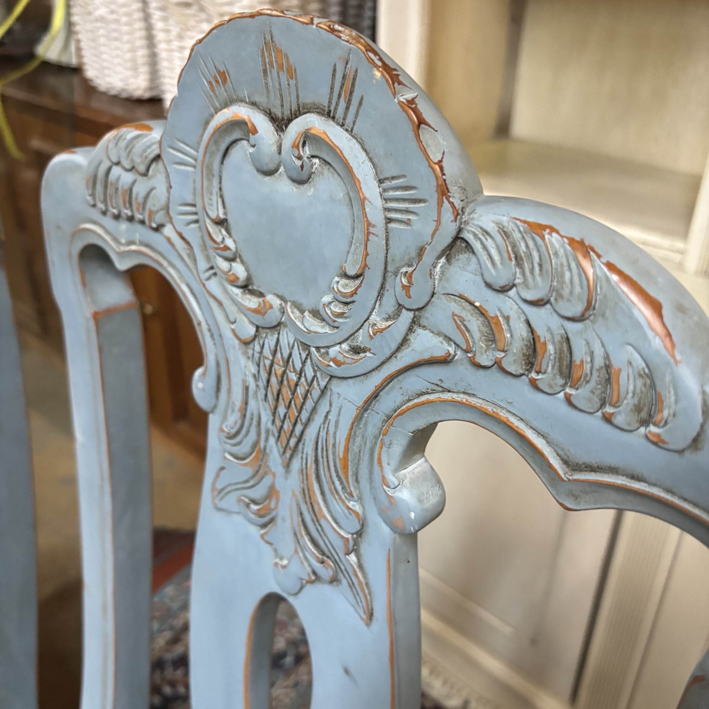 Pair of Ornate Vintage Blue Gingham Upholstered Chairs - Image 4