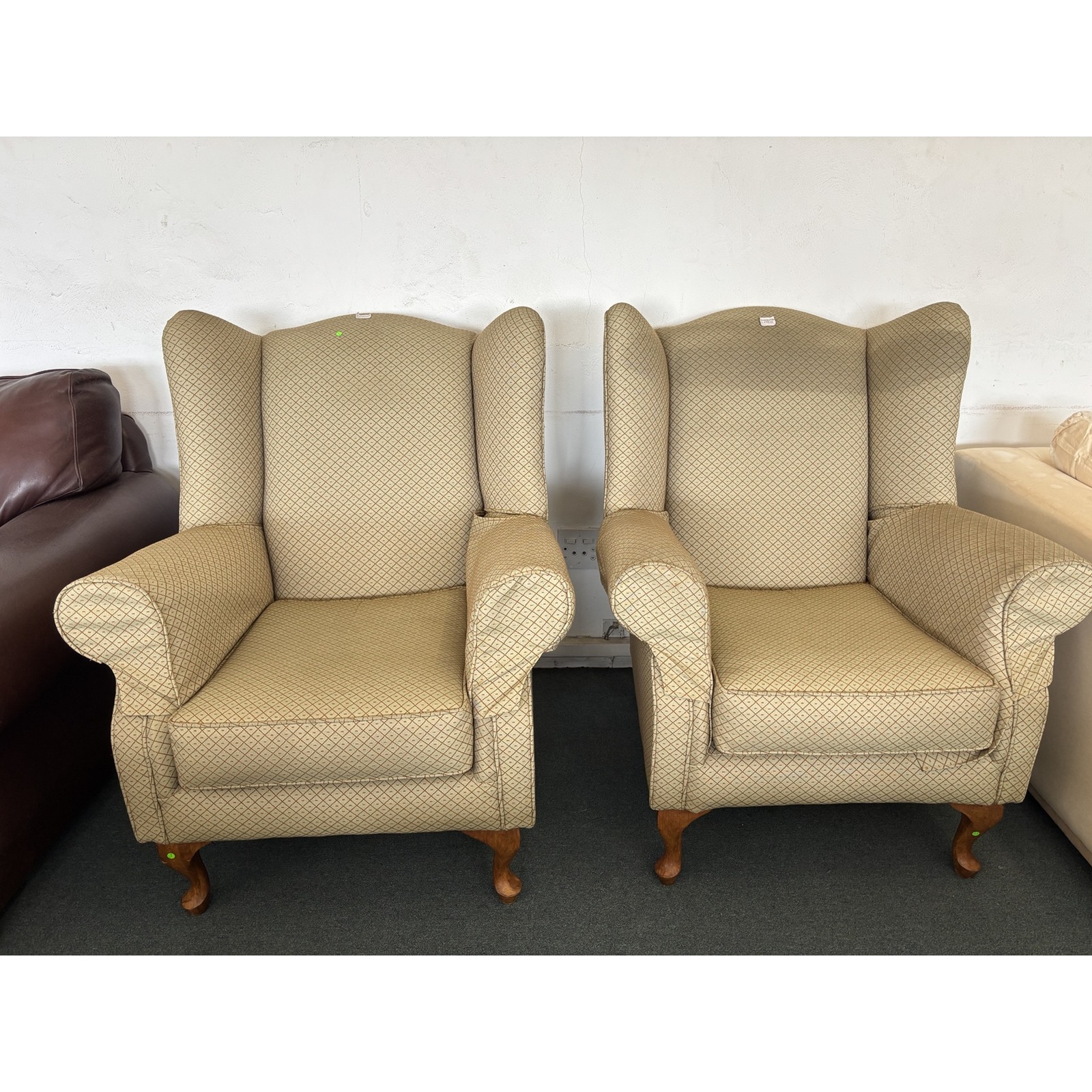 Classic Beige Patterned Wingback Armchairs – Pair - Image 5